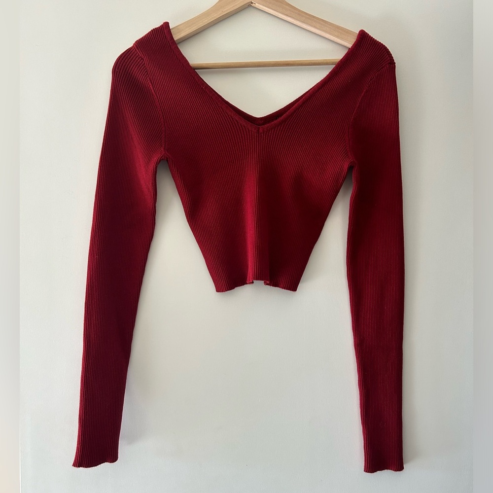 Red Cropped Long Sleeve Sweater Top